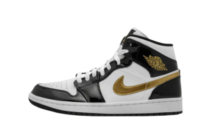 Nike Air Jordan 1 Mid Patent Preto Branco Dourado