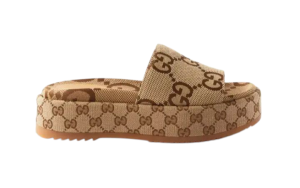 Gucci Wmns GG Lame Plataforma Slide Sandália 'Camel Monogram