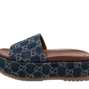 Gucci Blue Denim GG Slide Platform Sandálias