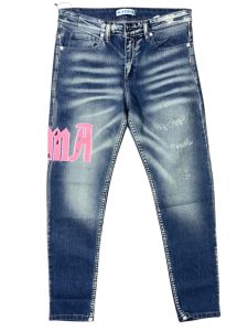 Amiri Core Logo-Appliqué Skinny Jeans em lavagem azul com o distintivo aplique de logótipo em rosa na perna