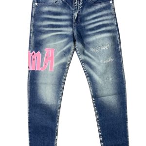 Amiri Core Logo-Appliqué Skinny Jeans em lavagem azul com o distintivo aplique de logótipo em rosa na perna