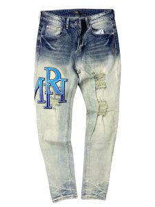 Amiri Staggered Logo Skinny Jeans em lavagem indigo logótipo bordado em azul desfasado na perna