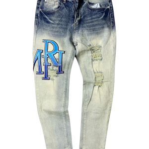 Amiri Staggered Logo Skinny Jeans em lavagem indigo logótipo bordado em azul desfasado na perna
